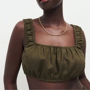 Reformation Olive Green Ruched Square-Neck Crop Top